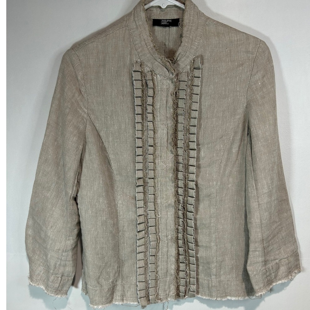 Philippe‎ Adec Linen Blend Blazer Jacket Size 4 Taupe Ruffle Front Snap Closure